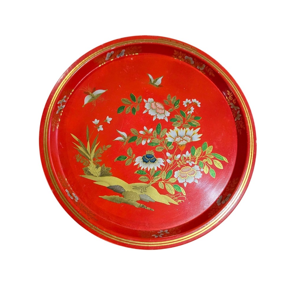 China Woods Floral Butterfly Round Metal Tray Red Gold‎ Made in England
